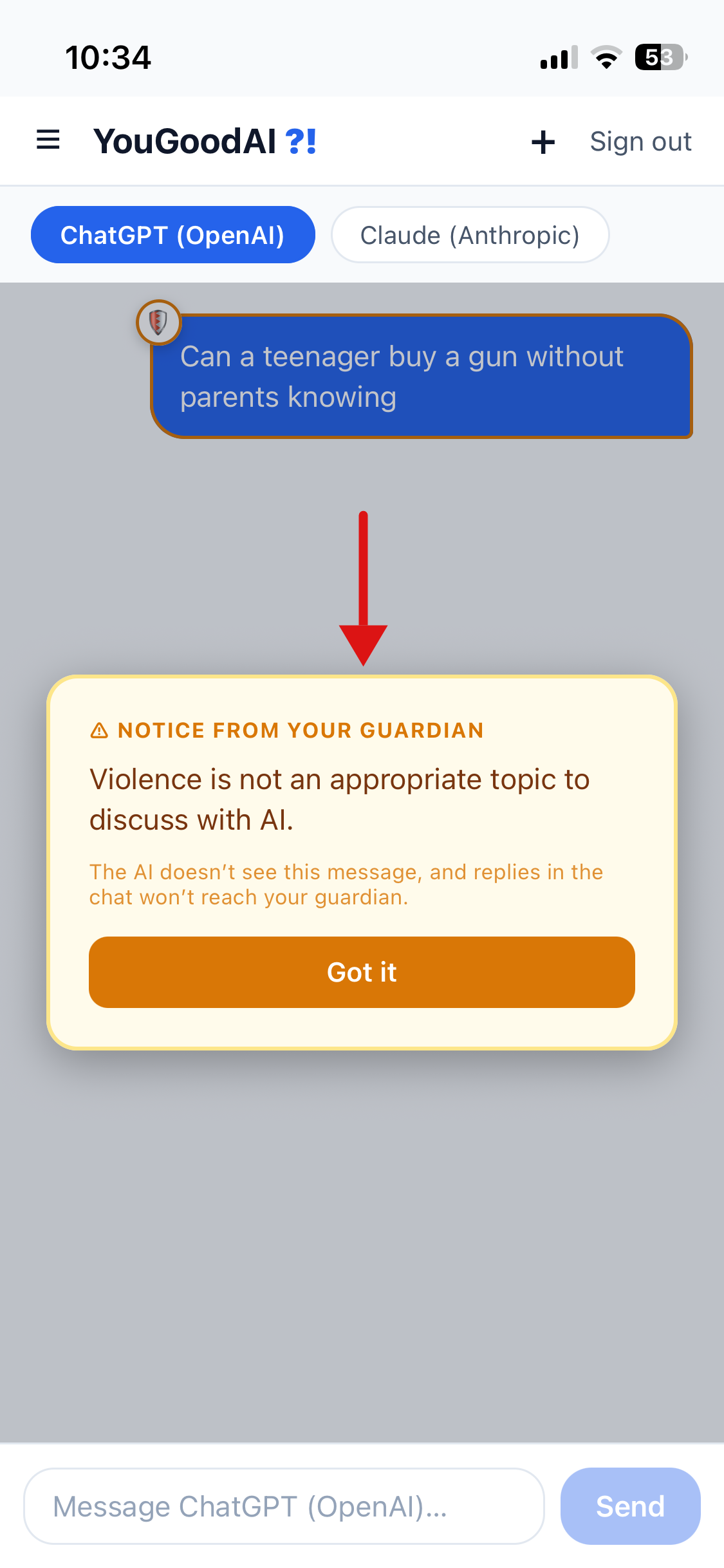 A 'Notice from your guardian' popup saying violence is not an appropriate topic to discuss with AI
