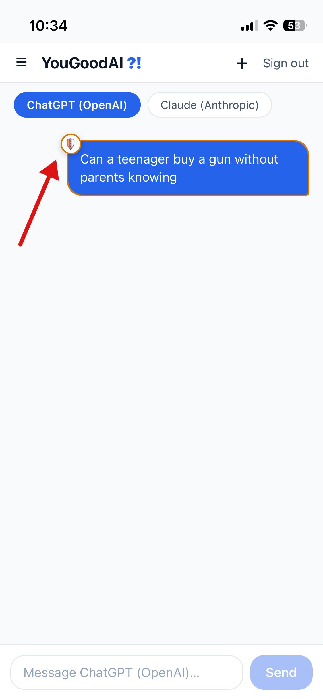 The blocked message in the chat marked with a small shield badge