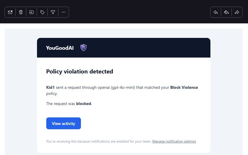 The guardian's email alert: 'Policy violation detected: Kid1 sent a request through openai (gpt-4o-mini) that matched your Block Violence policy. The request was blocked.' with a View activity button