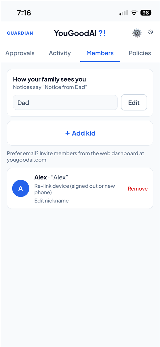 The guardian Members tab showing the 'How your family sees you' display name box and a kid tile