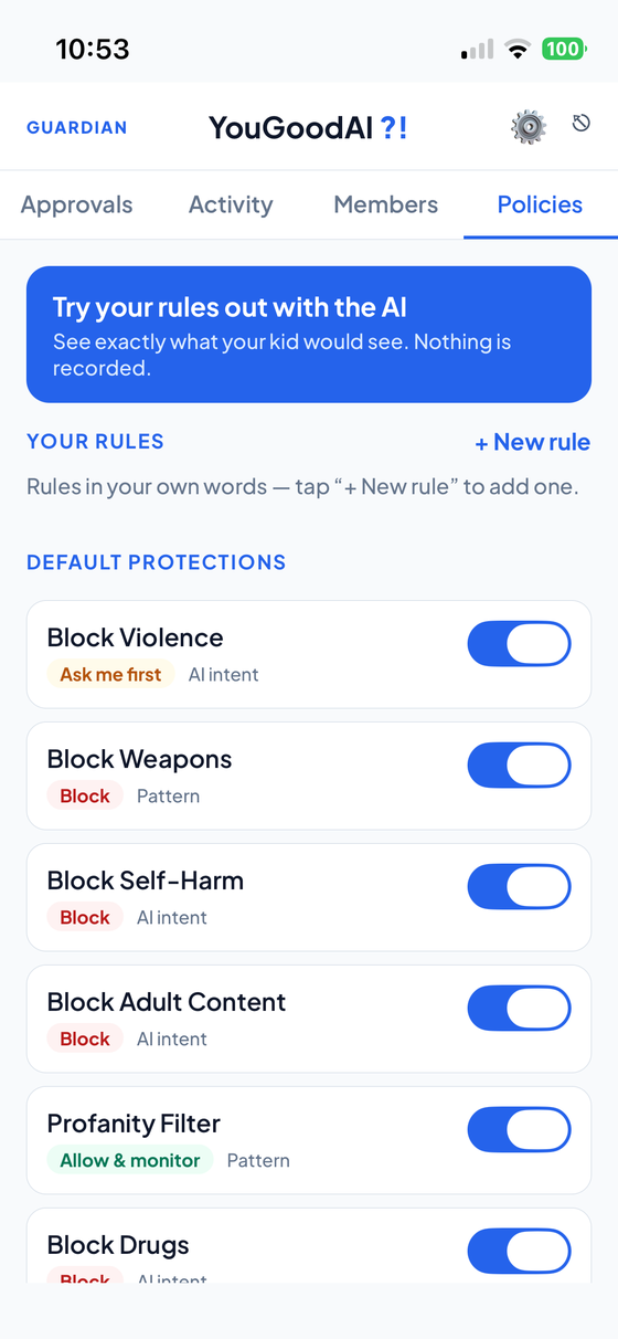 The Policies tab listing default protections from Block Violence through Block Tobacco and Vaping, each with a toggle