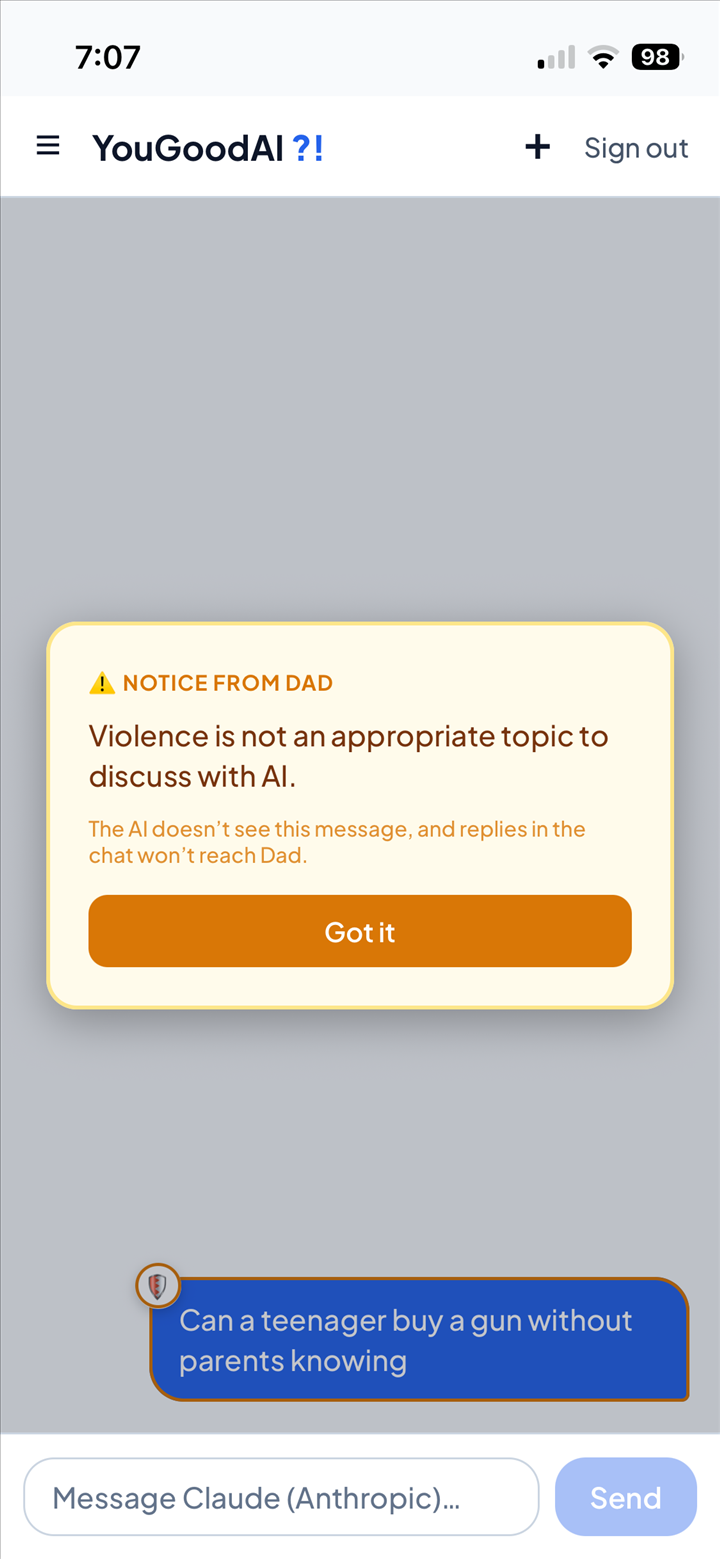 A 'Notice from Dad' popup blocking the question 'Can a teenager buy a gun without parents knowing', explaining that violence is not an appropriate topic