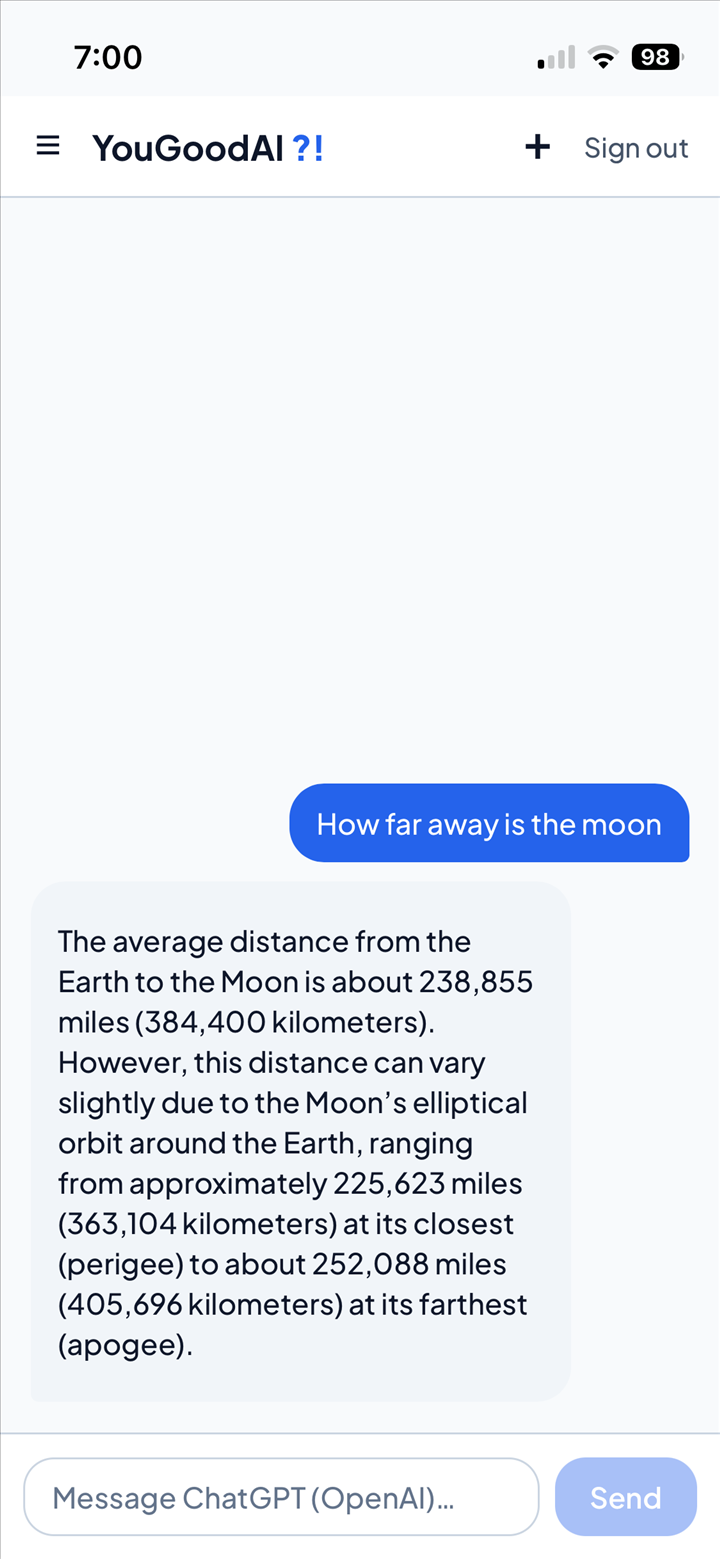 The YouGoodAI chat answering 'How far away is the moon' with a friendly formatted answer