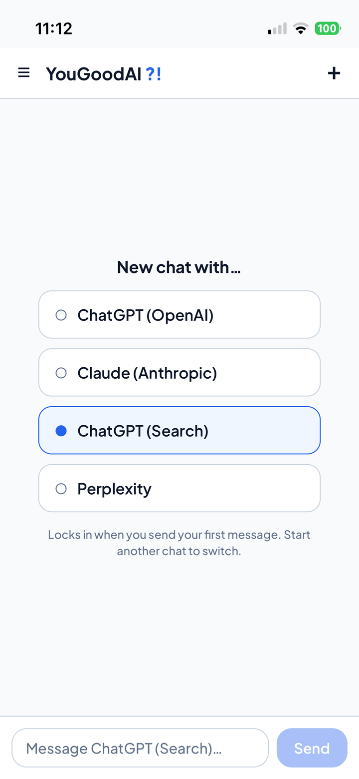 Starting a new chat with a choice of ChatGPT, Claude, ChatGPT (Search), or Perplexity