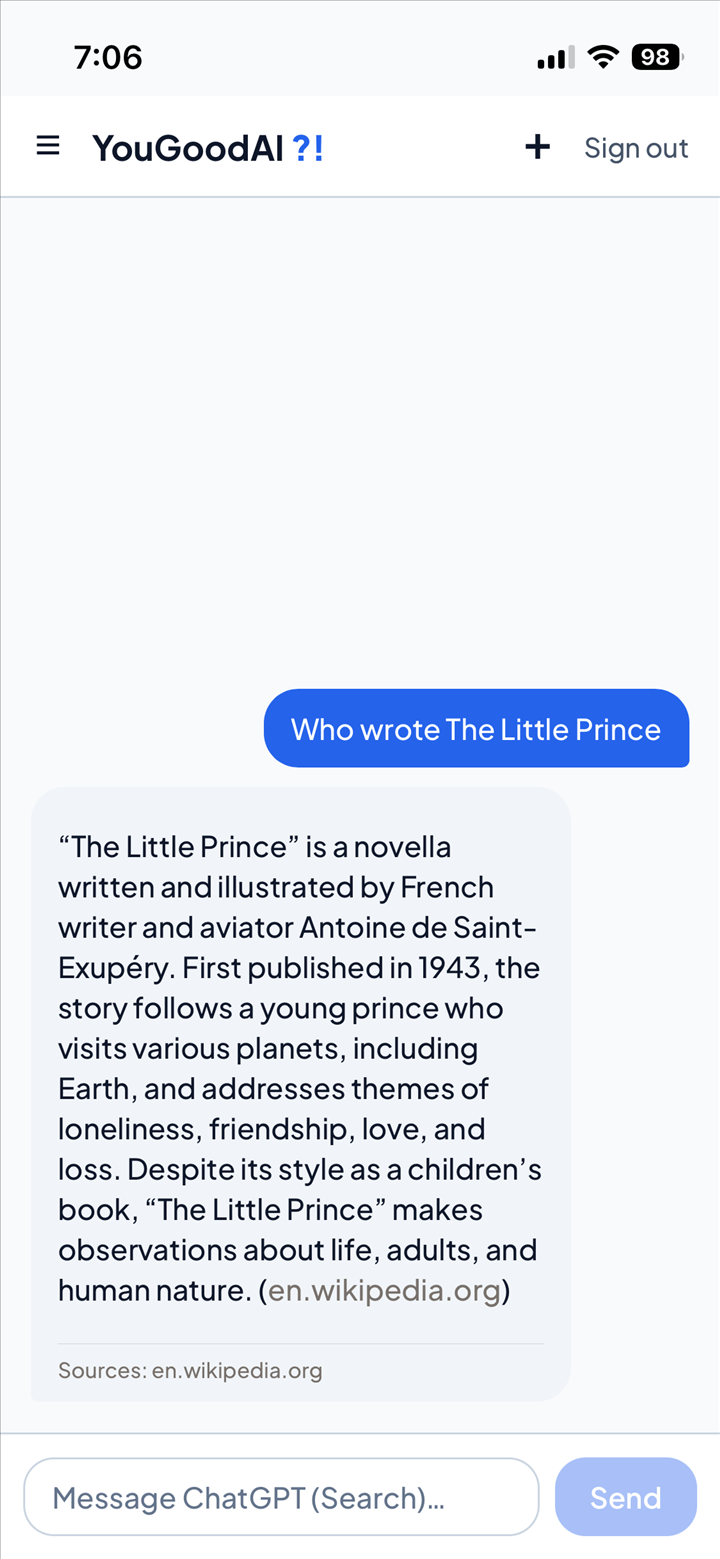 ChatGPT (Search) answering 'Who wrote The Little Prince' with 'Sources: en.wikipedia.org' shown under the answer